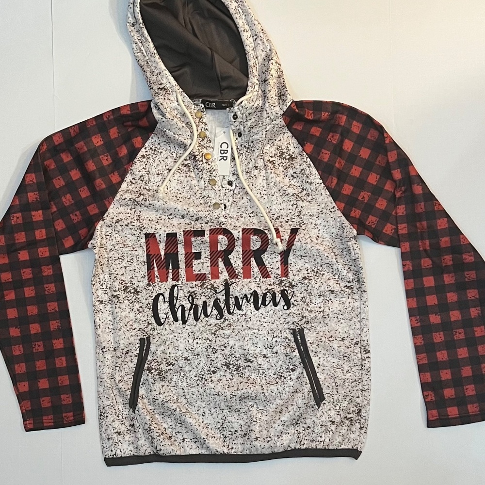 Women's Merry Christmas Long Sleeve Pullover Buffalo Checkered - NWT